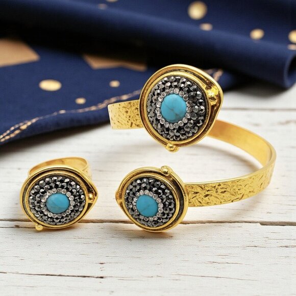 ๐ Boho Chic 18K Gold Plated Cuff & Ring Set With Turquoise & Hematite Stones - Picture 10 of 12